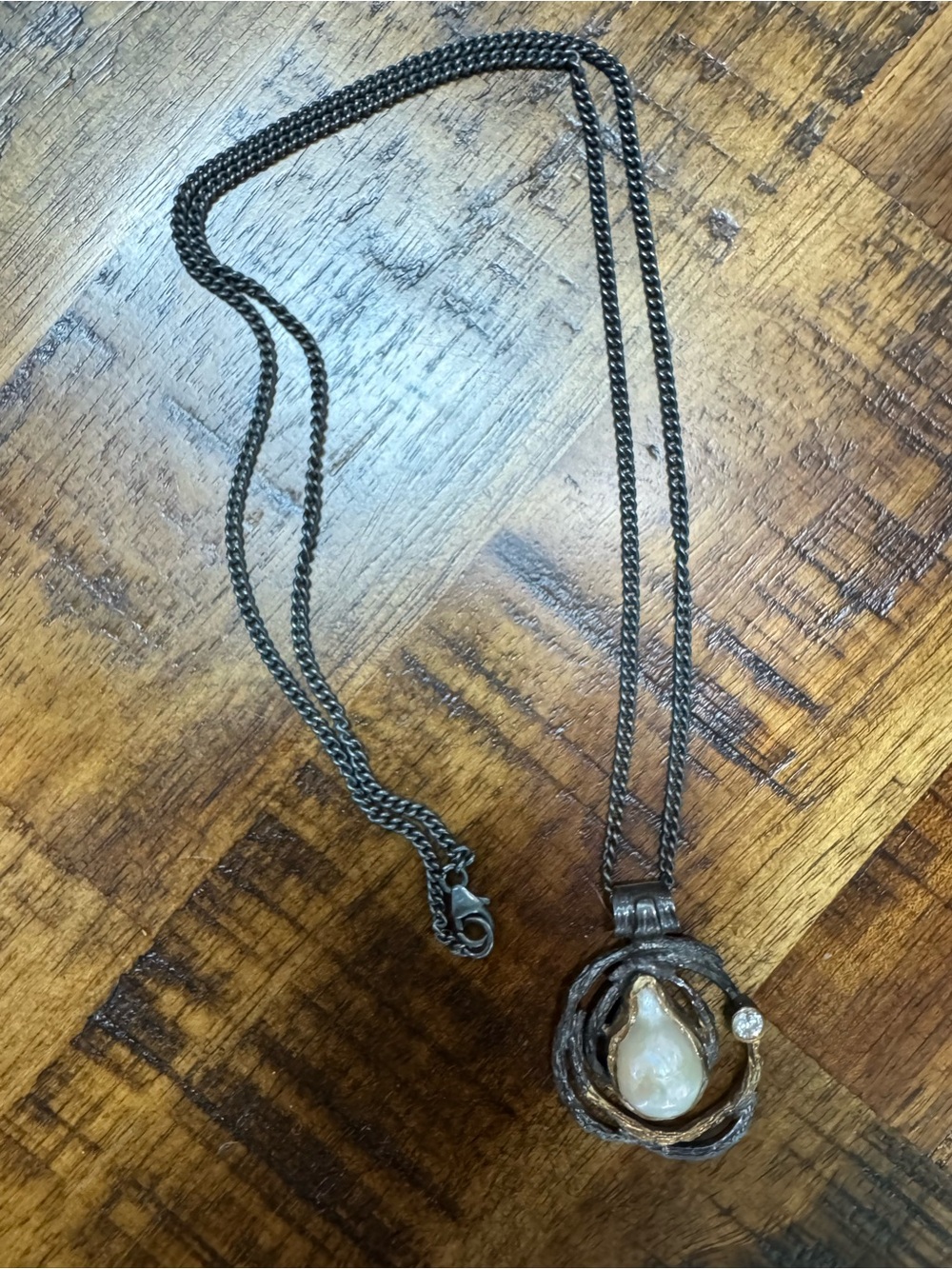 Mixed Metal Freshwater Pearl Teardrop Pendant Necklace